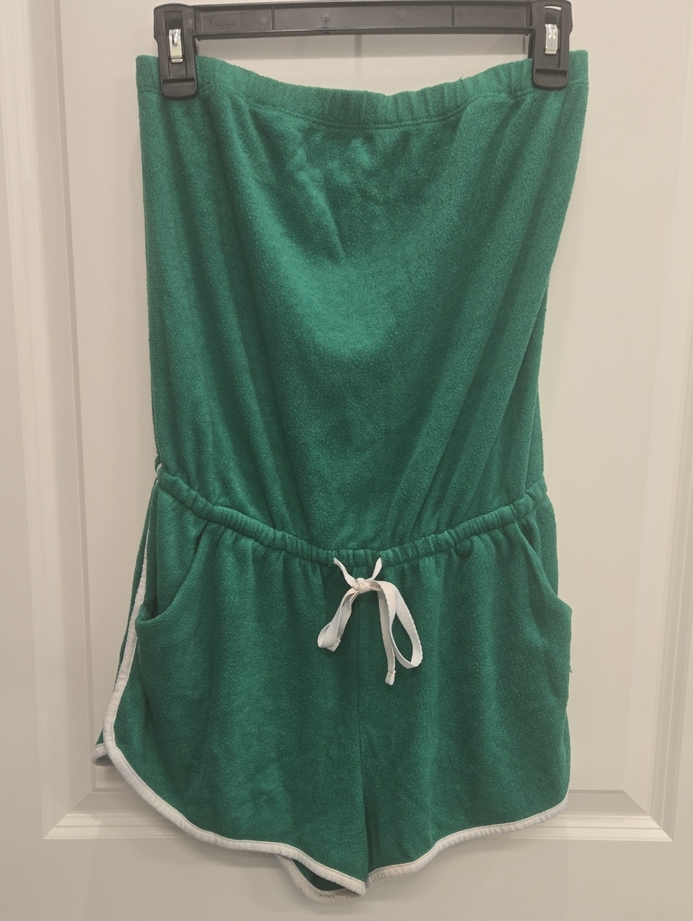 No Boundaries Green Terry Romper with White Trim